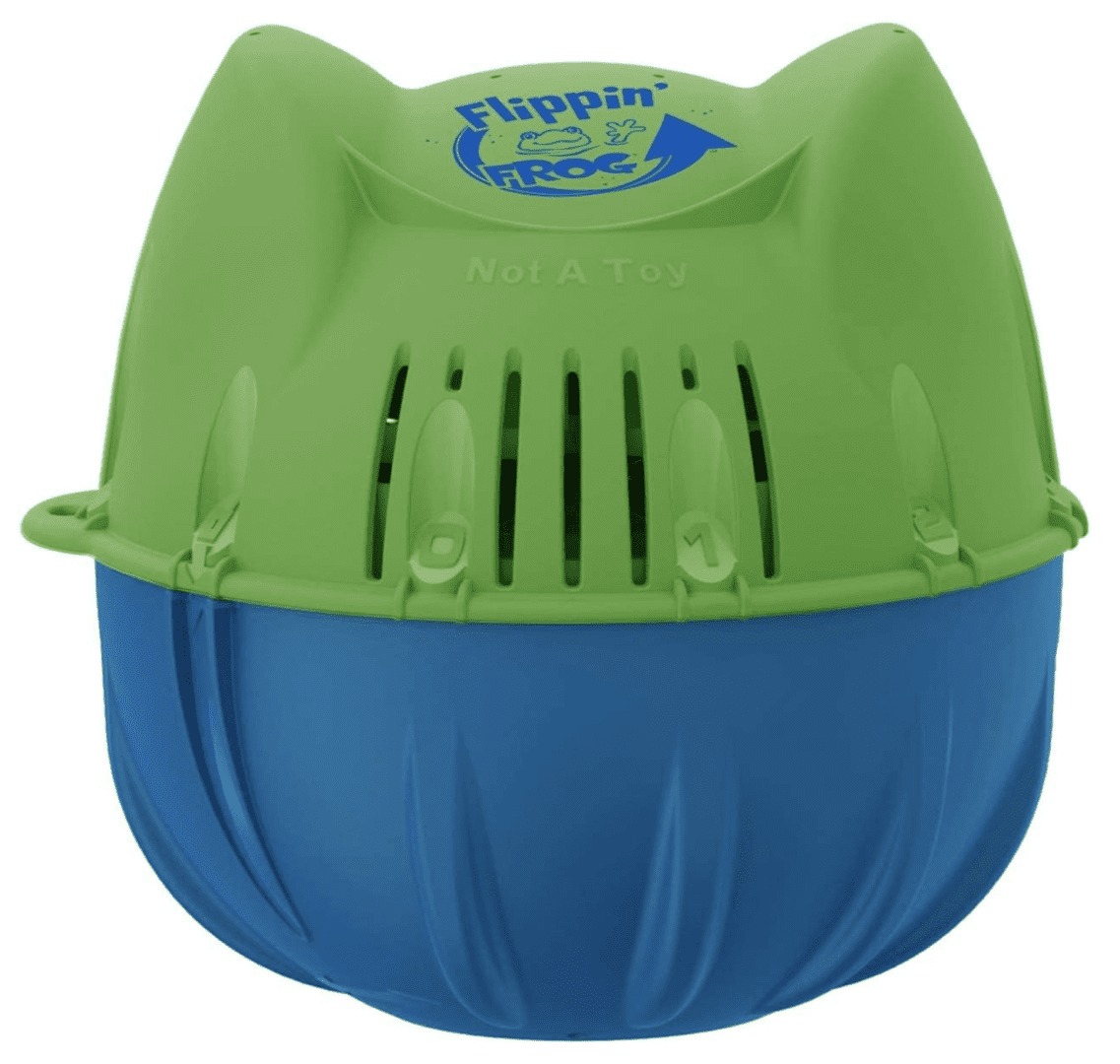 A green and blue Flippin’ FROG Complete Pool Sanitizing System for Pools 2,000 – 5,000 gallons, Quick and Easy All-in-One Pool Sanitizer uses Low Chlorine Levels and FROG Sanitizing Minerals with a lid.